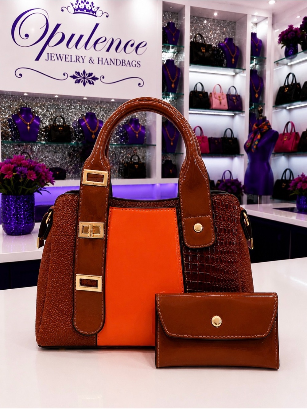 Women's Brown & Orange Structured Tote with Matching Wallet